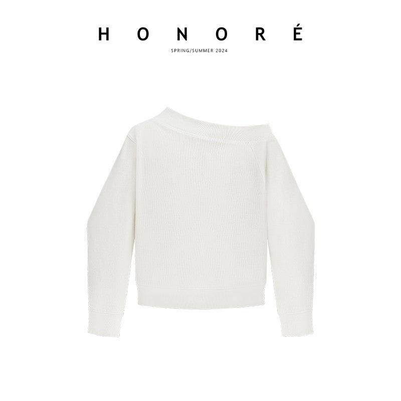 HONORE Guyue sportychic oblique shoulder careful American lazy skin-friendly cotton sweater skirt suit