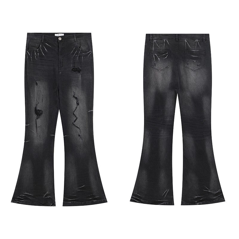 DND4DES American high street cleanfit heavy washed distressed holes stacked stretch flared jeans