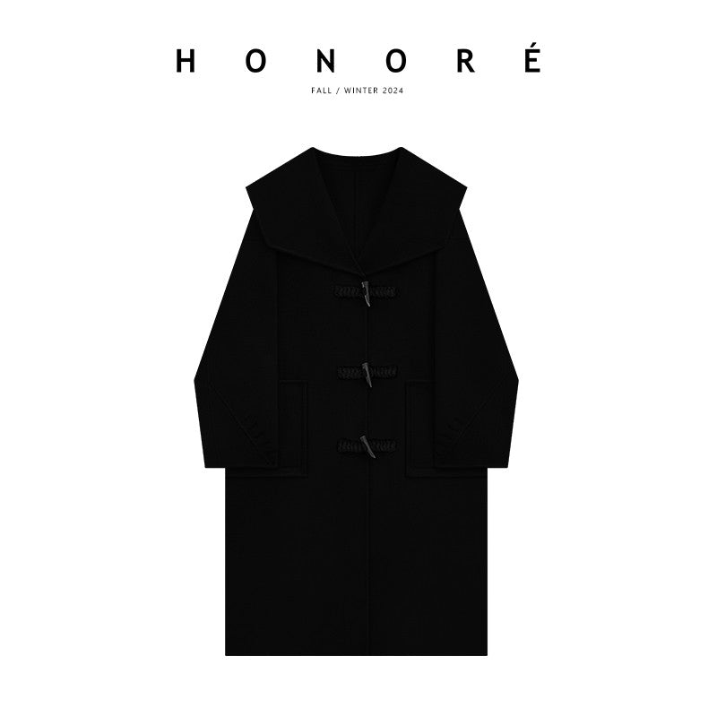 HONORE Gu Yue Du home-made dyed horn buttons + navy collar retro style warm 100 wool coat