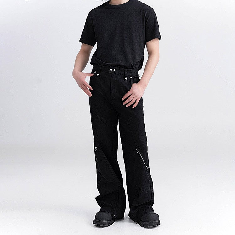 XEQUATION 24SS autumn deconstructed stitching gray and white washed detachable zipper flared wide-leg trousers