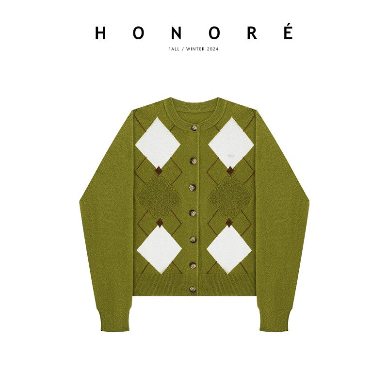 HONORE Gu Yue Coc*crush diamond pattern 100 sheep wool delicate texture retro pullover sweater cardigan