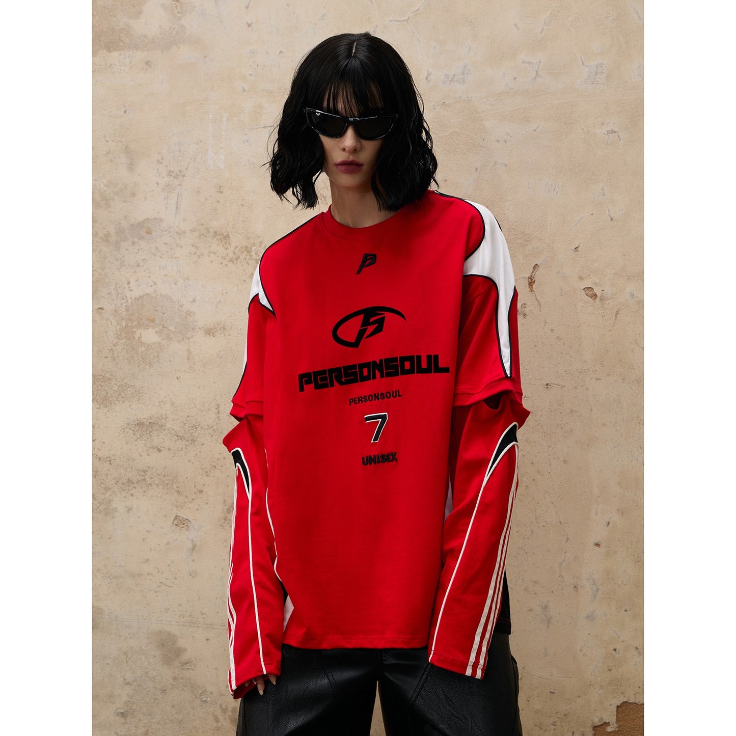 PERSONSOUL* Racing Elements Colorblock Removable Long Sleeve T-Shirt Red/Black Racing Tee