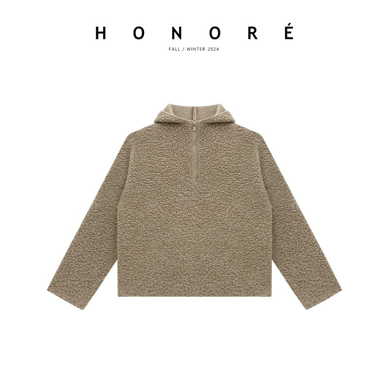 HONORE Guyue quality aesthetic 100% sheep wool circle urban leisure loose sweatshirt three-piece set