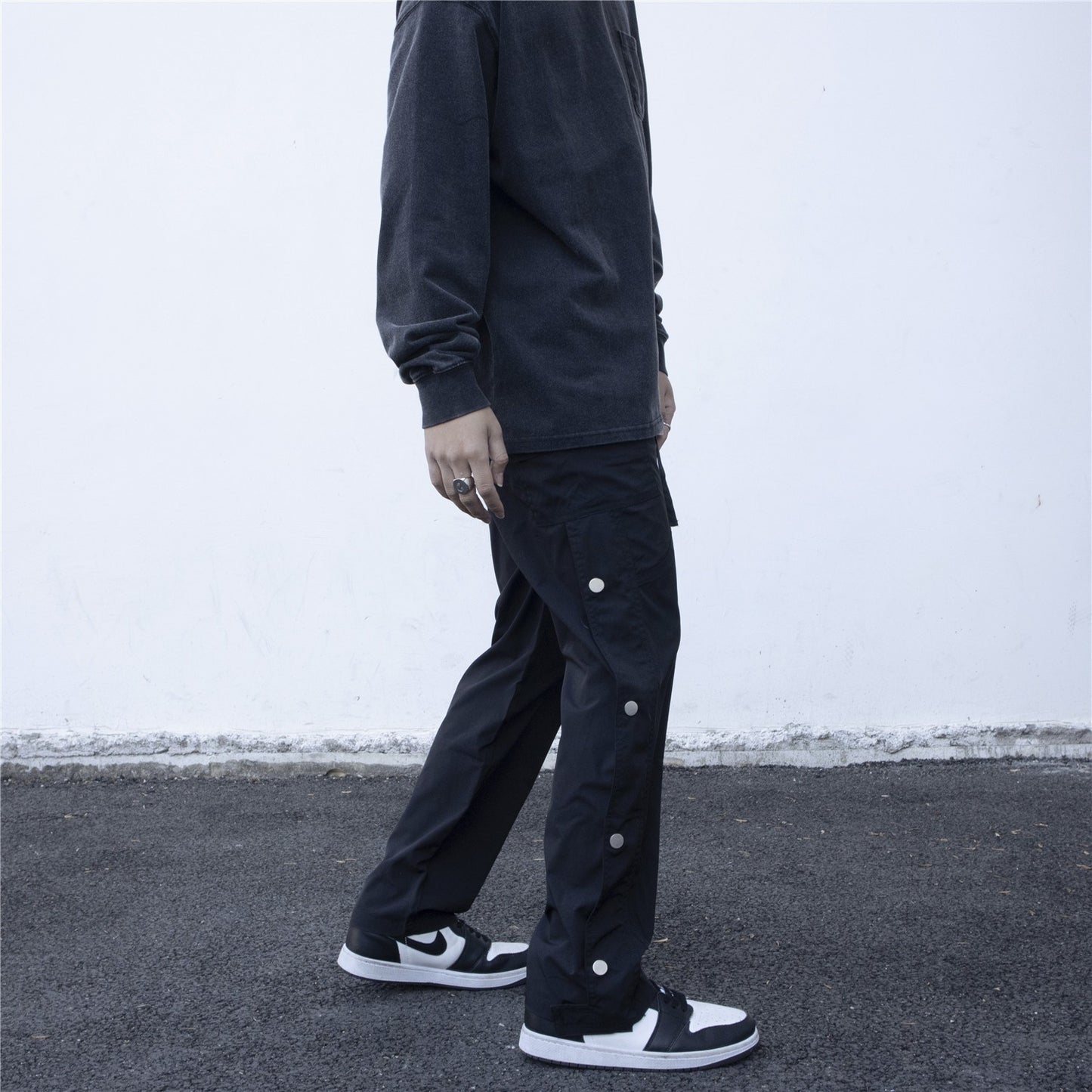 MT99 high street workwear buttoned casual pants men's trendy loose zipper functional pants black loose street vibe pants