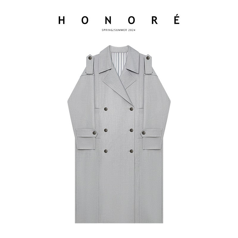 HONORE Quiet Luxury Lightweight, Straight and Broad Textured Double-Breasted Trench Coat for Commuters