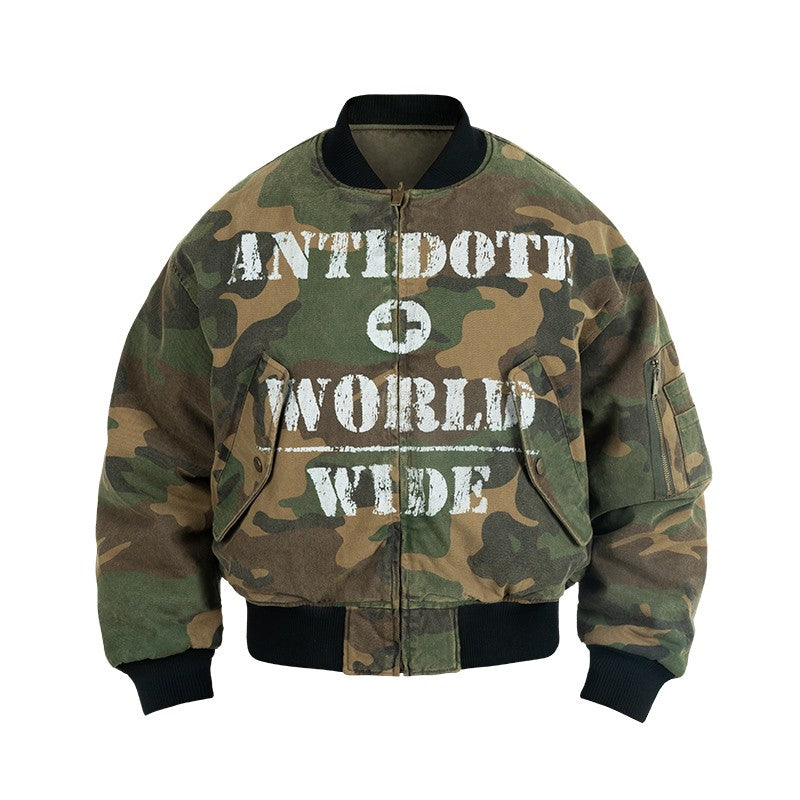 ANTIDOTE double-sided camouflage flight jacket men's thickened cotton short spray-painted bomber quilted jacket winter