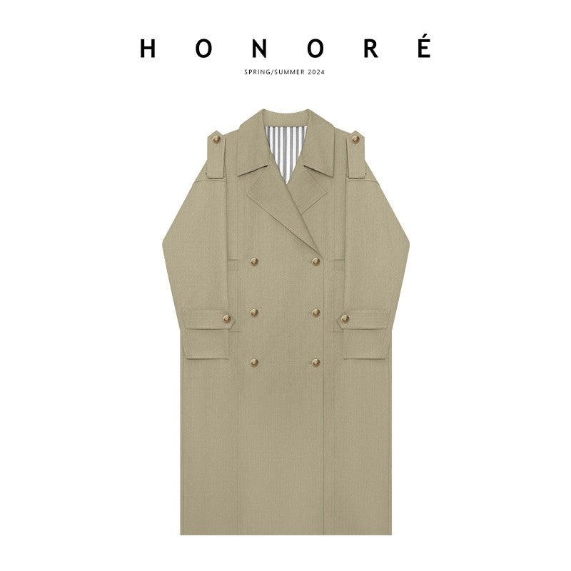 HONORE Quiet Luxury Lightweight, Straight and Broad Textured Double-Breasted Trench Coat for Commuters