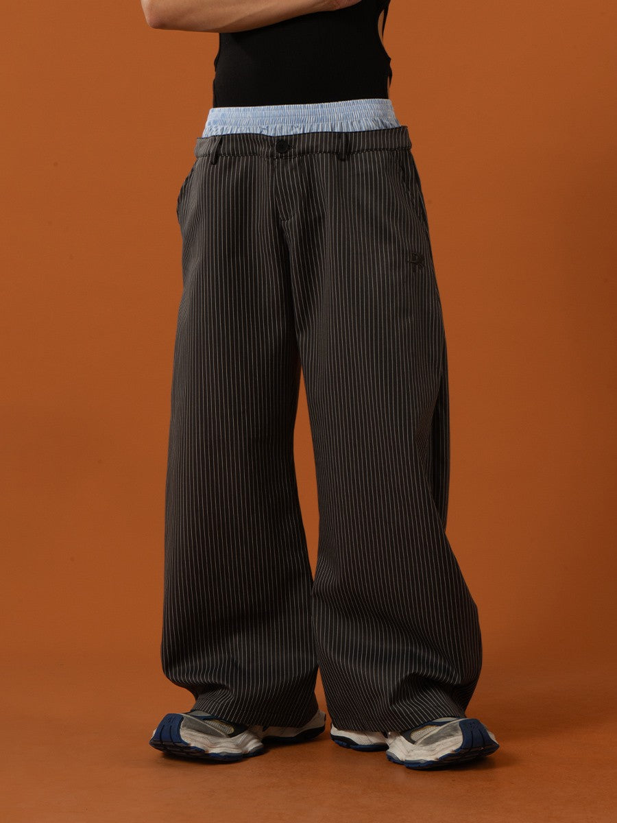 CLP black striped khaki double waist elastic waist loose casual pants trousers men's straight wide leg drape trend