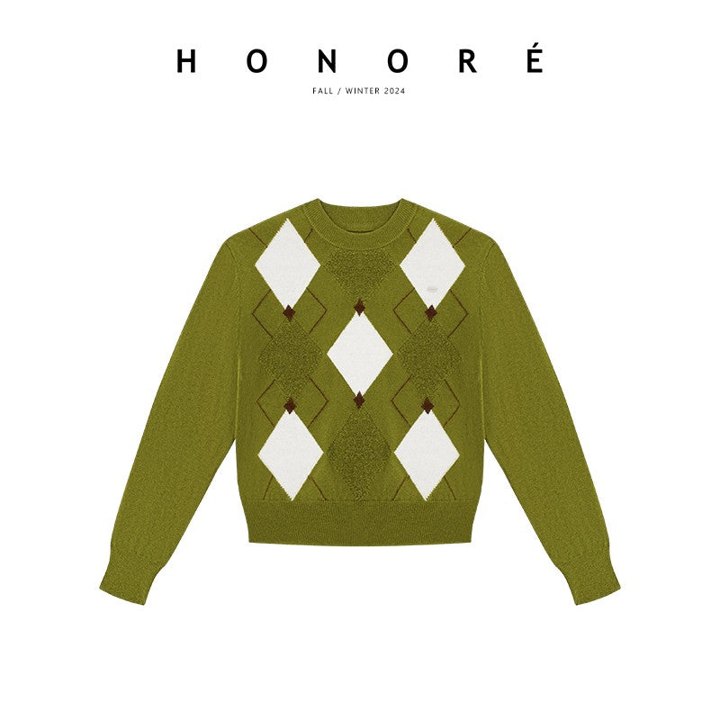 HONORE Gu Yue Coc*crush diamond pattern 100 sheep wool delicate texture retro pullover sweater cardigan