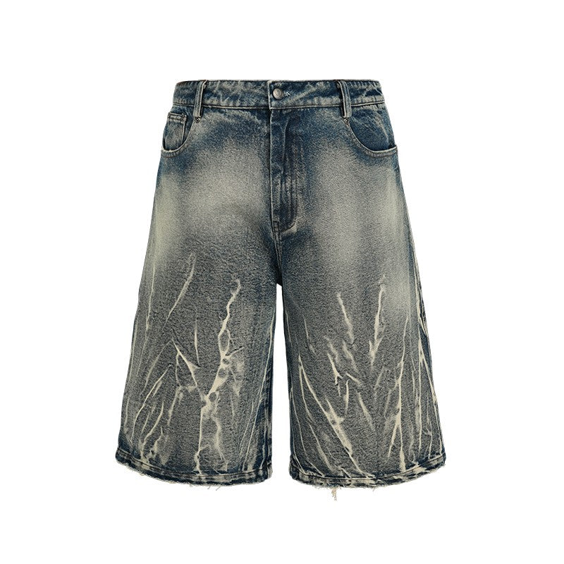 ANTIDOTE Lightning Pattern Tie Flower Cowboy Seven Point Shorts 14 oz Over Knee Casual Mid Pants Wide Leg Shorts for Men