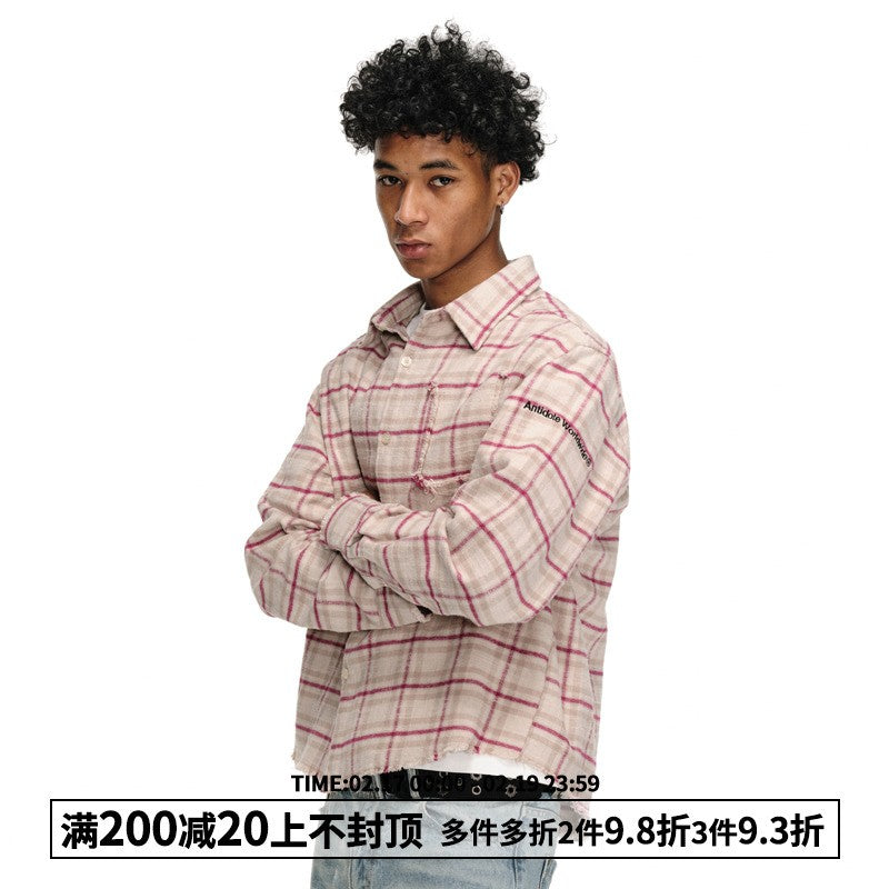 ANTIDOTE destroyed edge plaid shirt spring and autumn retro contrast color long sleeve plaid casual loose shirt men