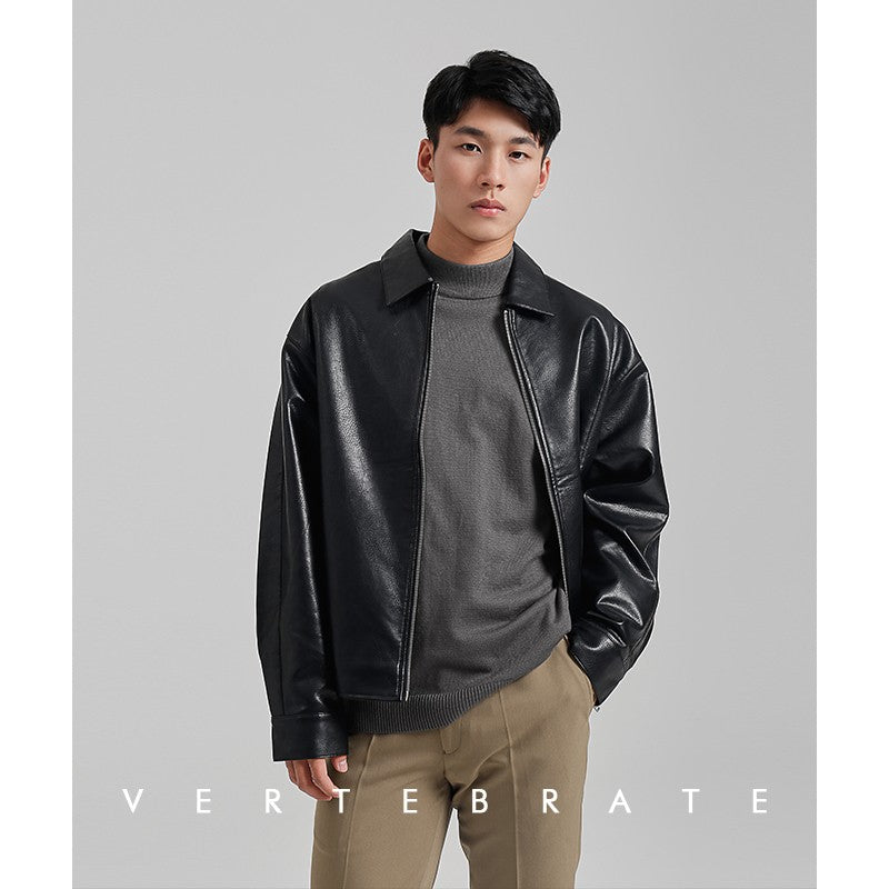 Vertebrate men's imitation leather PU loose short jacket leather black outline autumn and winter coat trendy men