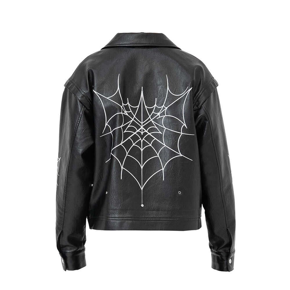 TrendMaybe&quot;spiderman&quot; American high street spider web embroidered leather jacket lapel leather coat trendy coat