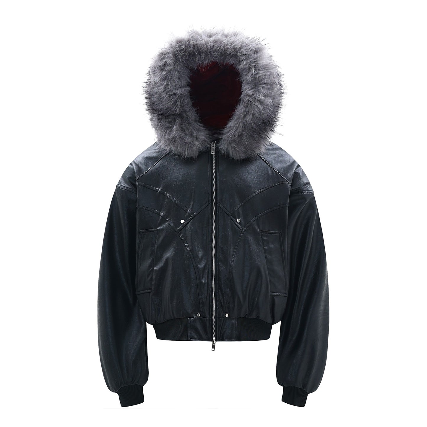 MT99 Zuoshan Diao &quot;Red Velvet Lining&quot; Thick Large Fur Collar Cotton Jacket High-end PU Leather Trendy Brand Reflective Jacket