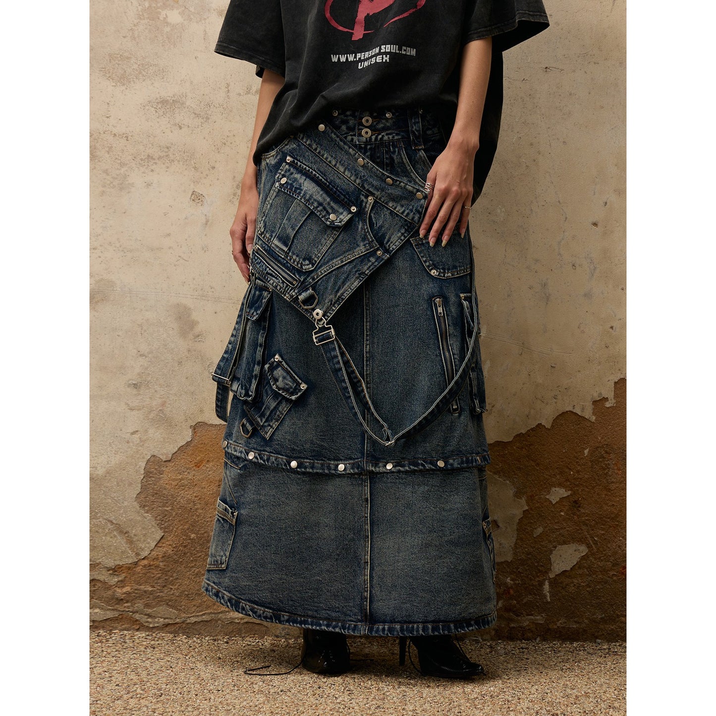 PERSONSOUL* 3-in-1 detachable denim overalls skirt DenimDirtySkirt