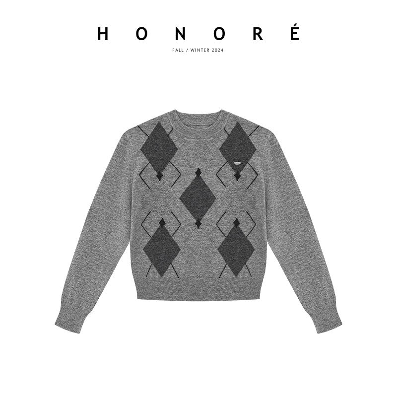 HONORE Gu Yue Coc*crush diamond pattern 100 sheep wool delicate texture retro pullover sweater cardigan