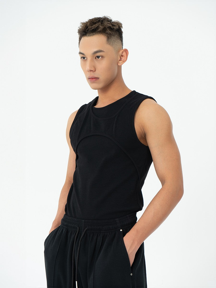 CLP black and white gray double-layer deconstruction design elastic slim vest men's tight trend ribbed sports knitted summer