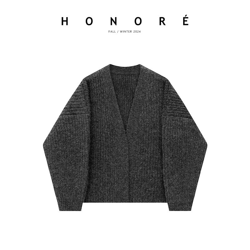 HONORE Gu Yue Relaxed Lazy Row Style Wool Chunky Knitted Long and Short Loose Cardigan All-match Large Coat