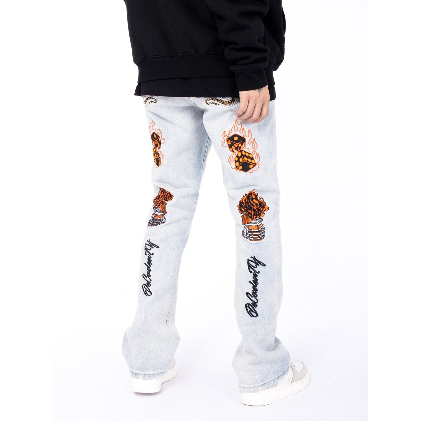 MT99 high street flame skull embroidered jeans men's trendy brand handsome retro street trousers American flared pants