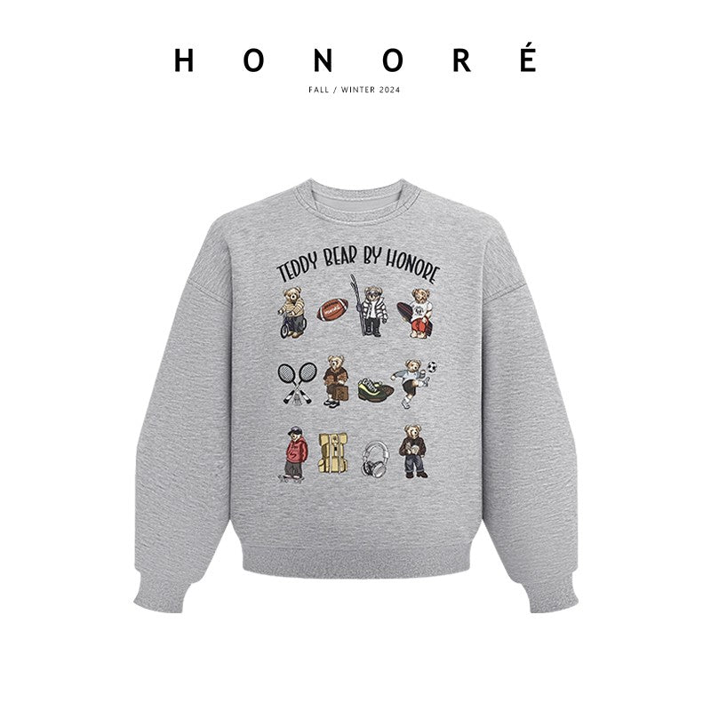 HONORE Gu Yue Teddy Bear Original Hand-painted Series Textured Sports Sweatshirt