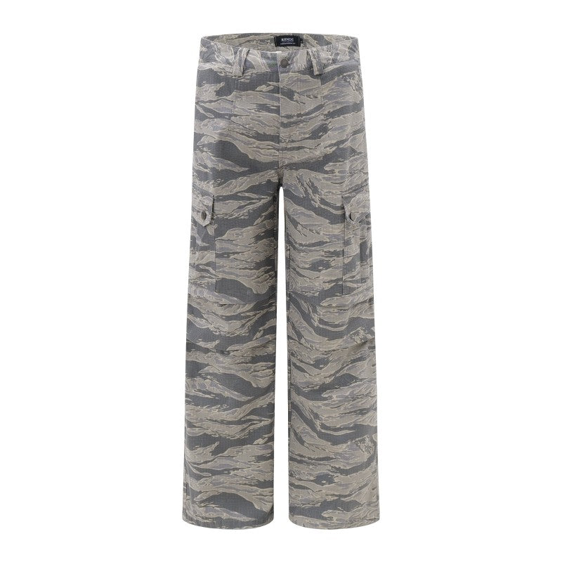 BTSG American retro washed bamboo branches camouflage multi-pocket overalls VIBE loose straight casual trousers