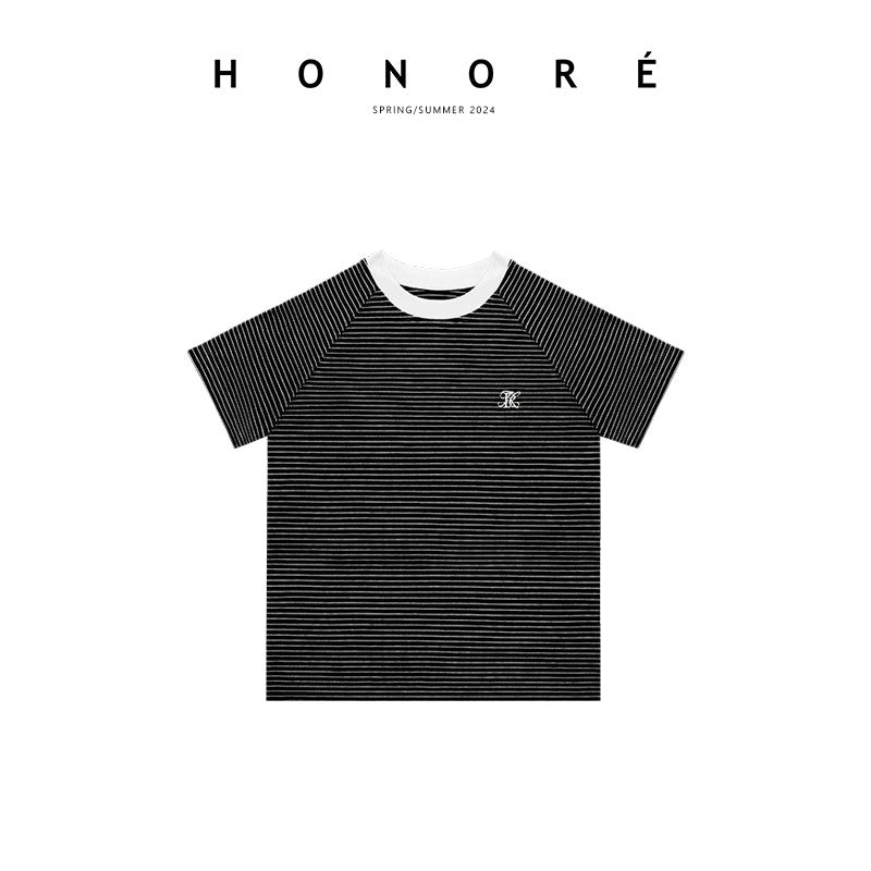 HONORE Gu Yue Light Oxygen Mood Tencel Fashion Slim Fit Top Color Block Round Neck Striped Small Flying Sleeve T