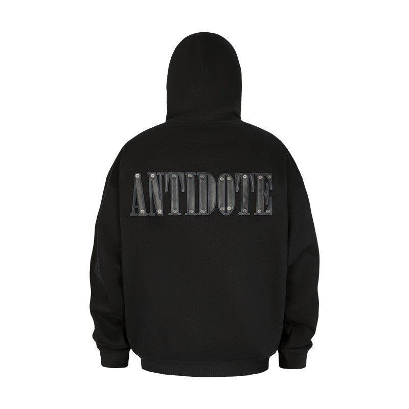 ANTIDOTE black leather embroidered sweatshirt men's autumn and winter heavyweight American trendy brand casual loose hooded jacket