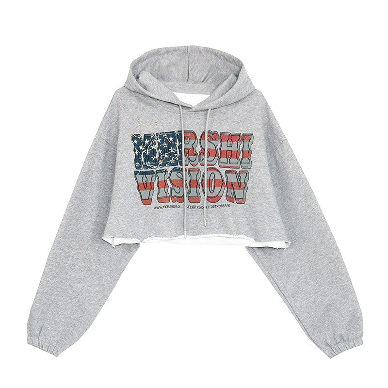 CLP gray apricot ultra-short waist-baring hooded sweatshirt for men and women American retro loose long-sleeved silhouette casual trendy miu series