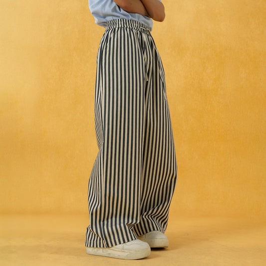 CLP blue and white striped elastic waist wide leg casual pants trousers men's waist drape straight loose trend retro ins