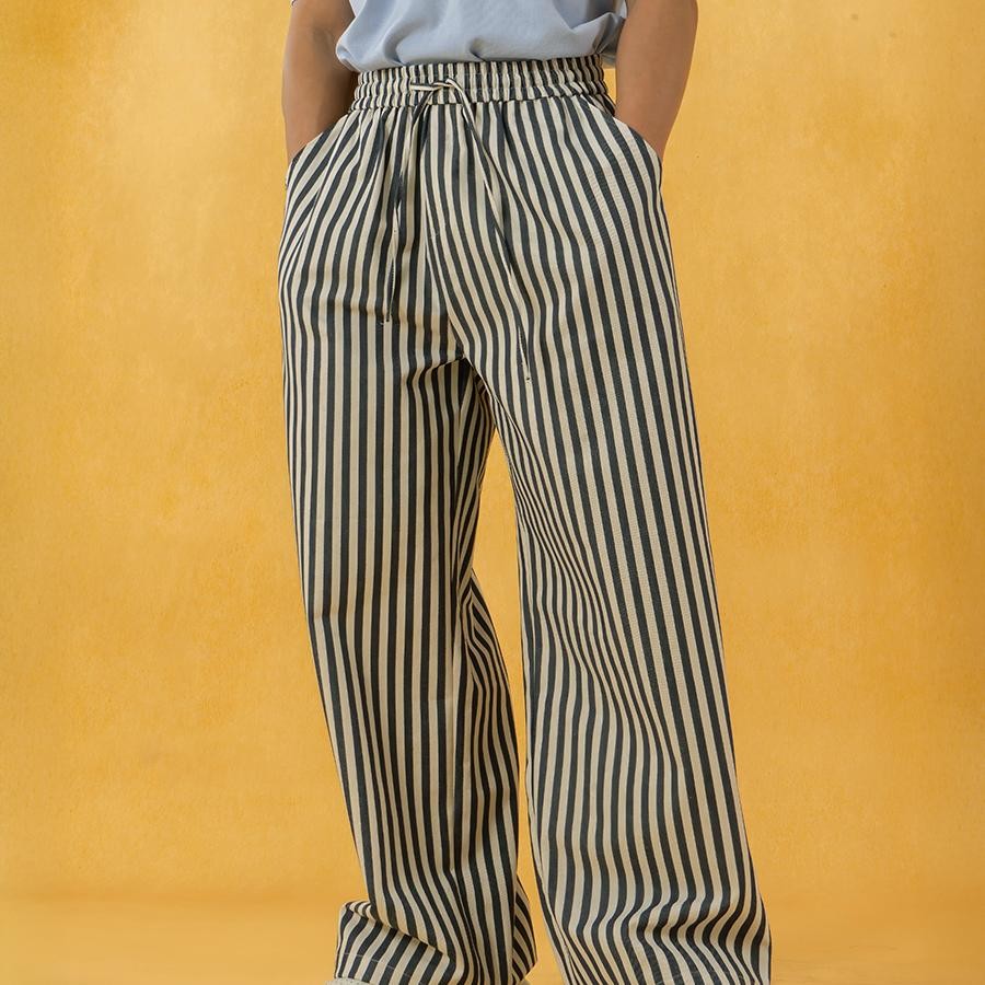 CLP blue and white striped elastic waist wide leg casual pants trousers men's waist drape straight loose trend retro ins