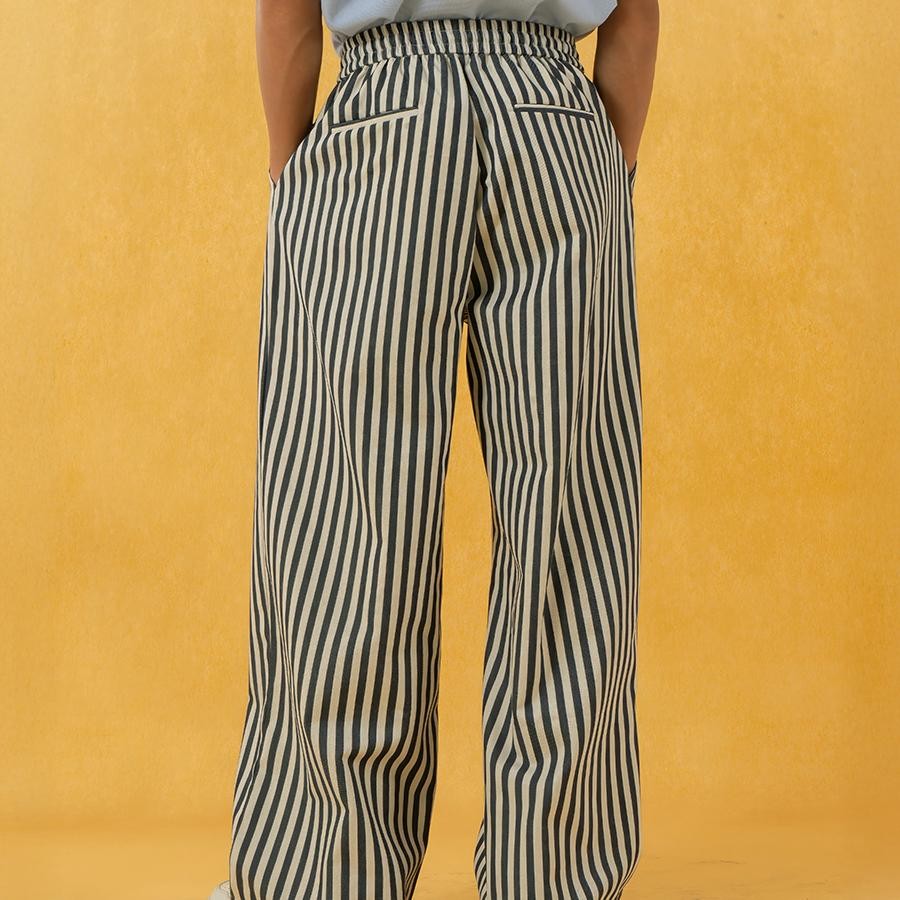 CLP blue and white striped elastic waist wide leg casual pants trousers men's waist drape straight loose trend retro ins