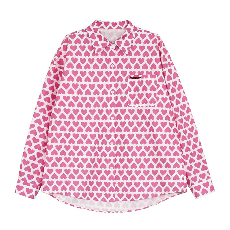 CLP pink love print long-sleeved shirt for men and women loose silhouette casual tops couple trendy street spring and summer