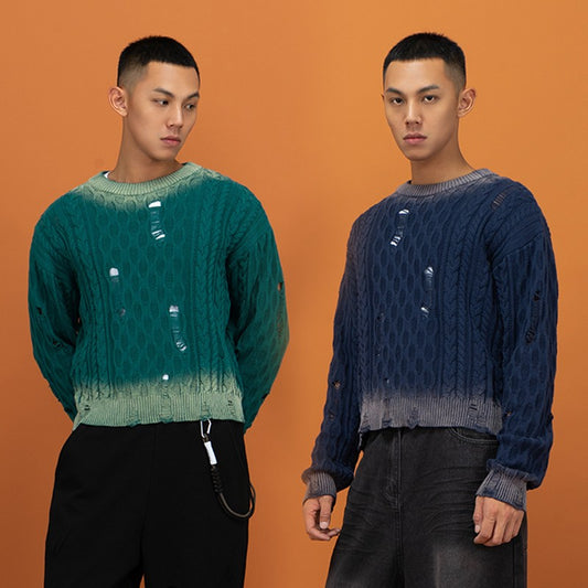 CLP blue green gradient hole sweater sweater sweater men's and women's pullover long sleeve loose cotton retro old