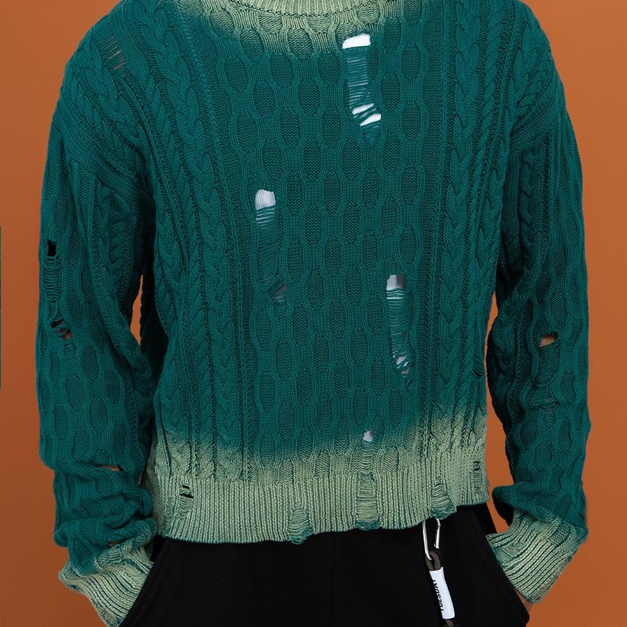 CLP blue green gradient hole sweater sweater sweater men's and women's pullover long sleeve loose cotton retro old