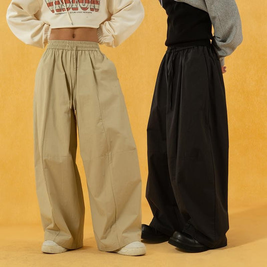 CLP Khaki Black Elastic Waist Wide Leg Drawstring Casual Pants Pleated Loose Straight Drape Trendy Trousers