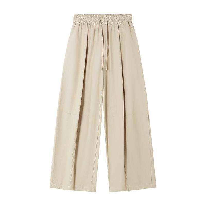 CLP Khaki Black Elastic Waist Wide Leg Drawstring Casual Pants Pleated Loose Straight Drape Trendy Trousers