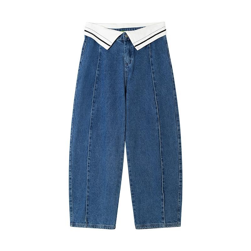 CLP blue waist fold design jeans men's loose wide-leg retro original color trend casual straight trousers