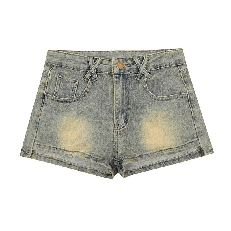 CLP blue shorts jeans for men and women casual short style retro straight tube slim fit washed distressed mid high waist miu