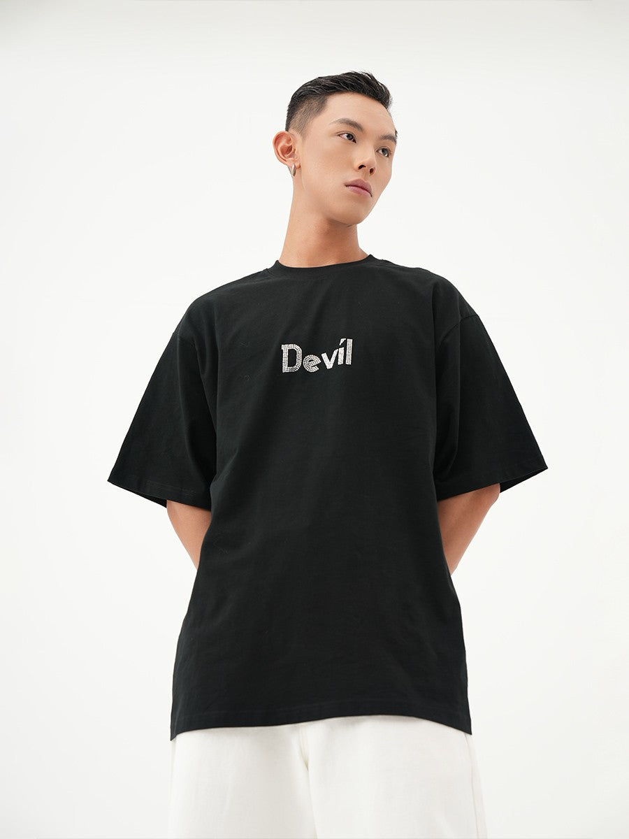 CLP original Devil diamond devil wings T-shirt men and women short sleeve black loose casual sequin three-dimensional