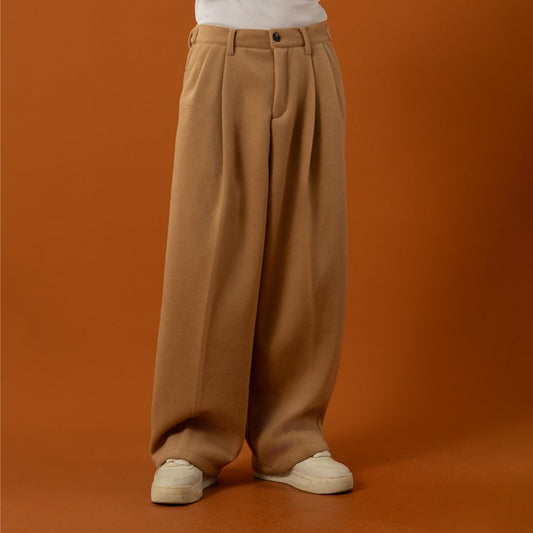 CLP Khaki woolen trousers pleated design casual trousers trousers men's loose wide-leg straight suede drape trousers trendy