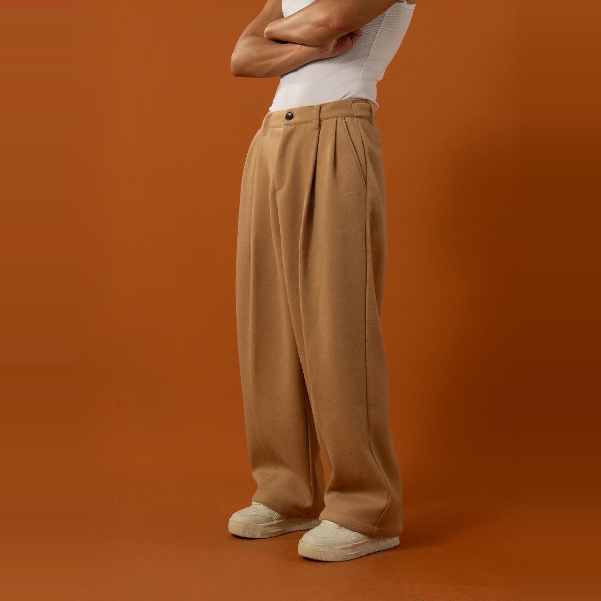 CLP Khaki woolen trousers pleated design casual trousers trousers men's loose wide-leg straight suede drape trousers trendy