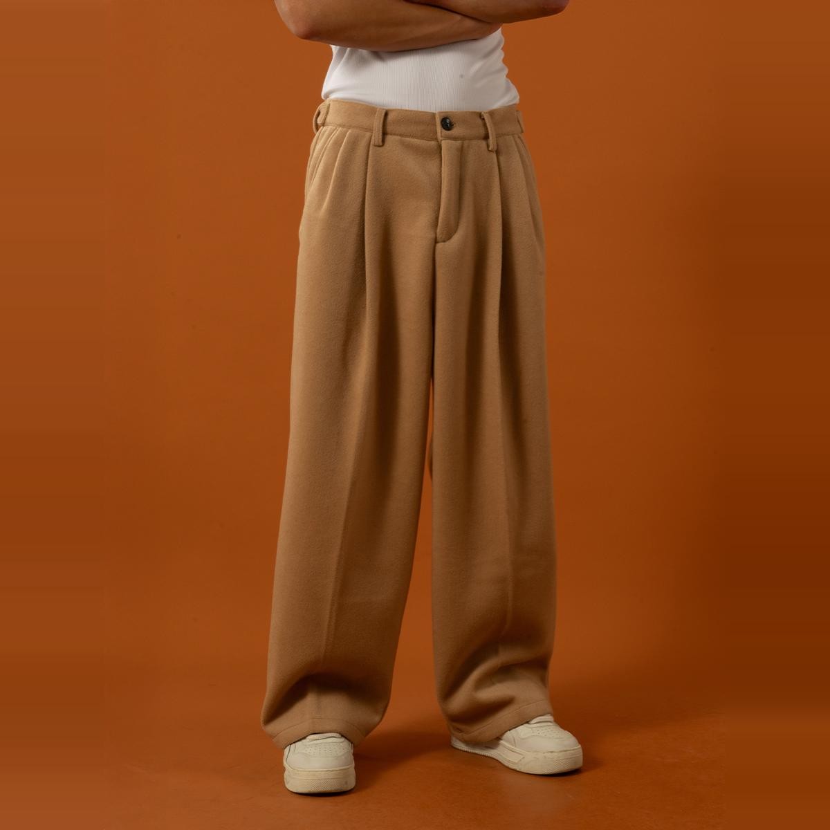 CLP Khaki woolen trousers pleated design casual trousers trousers men's loose wide-leg straight suede drape trousers trendy