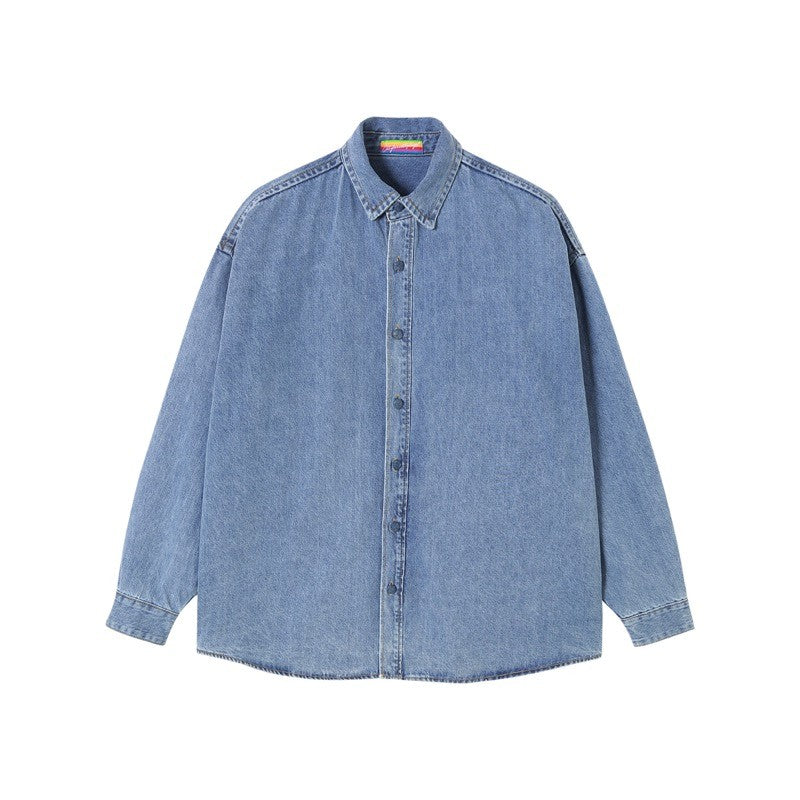 CLP blue denim shirt jacket men and women loose silhouette long sleeve button coat washed retro heavy long