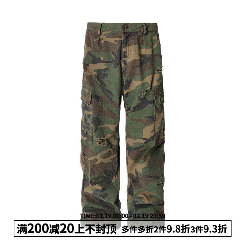 ANTIDOTE American camouflage pants loose hip-hop street washed casual trousers straight-leg ripped wide-leg overalls