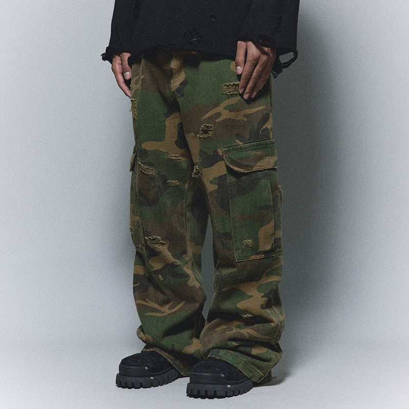 ANTIDOTE American camouflage pants loose hip-hop street washed casual trousers straight-leg ripped wide-leg overalls