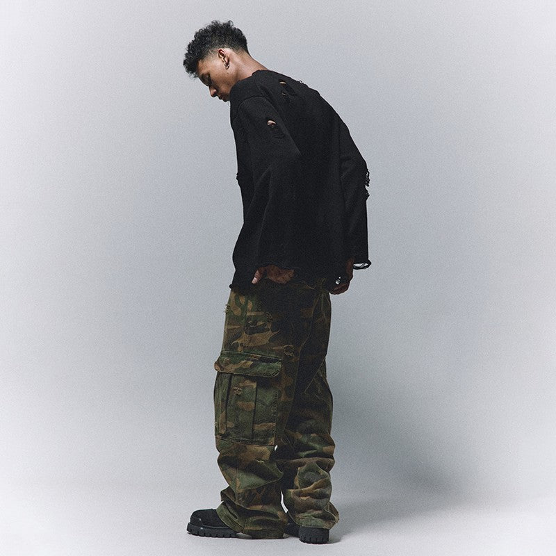 ANTIDOTE American camouflage pants loose hip-hop street washed casual trousers straight-leg ripped wide-leg overalls