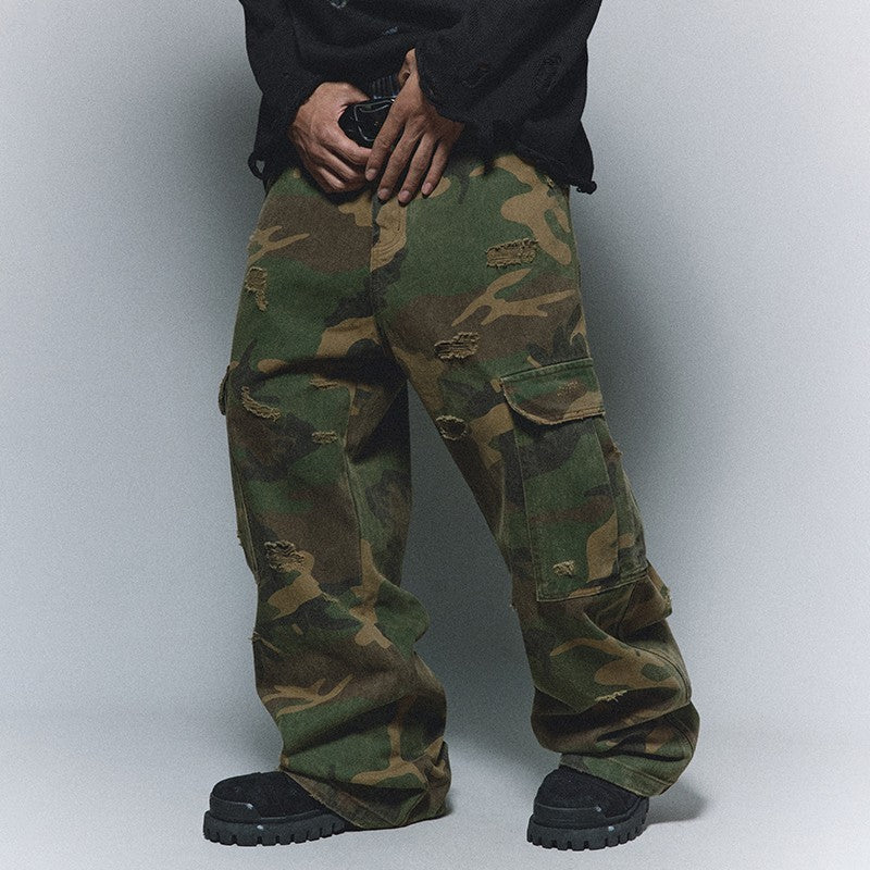 ANTIDOTE American camouflage pants loose hip-hop street washed casual trousers straight-leg ripped wide-leg overalls