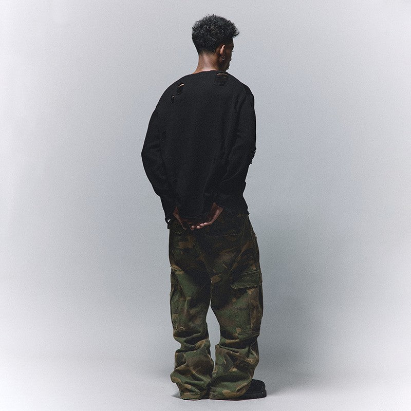 ANTIDOTE American camouflage pants loose hip-hop street washed casual trousers straight-leg ripped wide-leg overalls