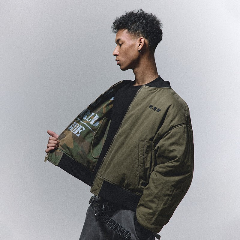 ANTIDOTE double-sided camouflage flight jacket men's thickened cotton short spray-painted bomber quilted jacket winter