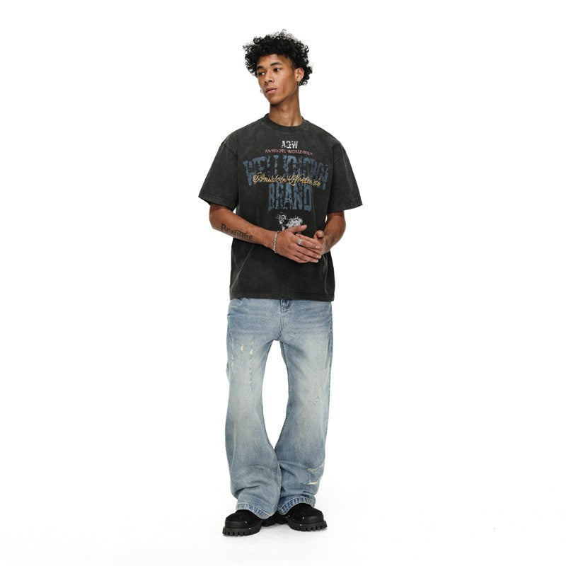 ANTIDOTE damaged scratch washed flared jeans men's American cleanfit loose straight long pants